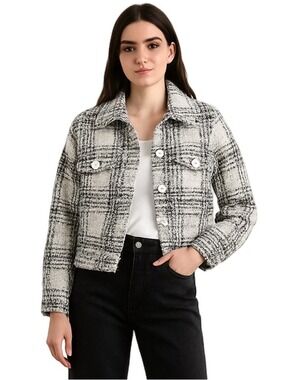 Cache Plaid Tweed Metallic Lined Button Up Jacket Black & White Size Medium